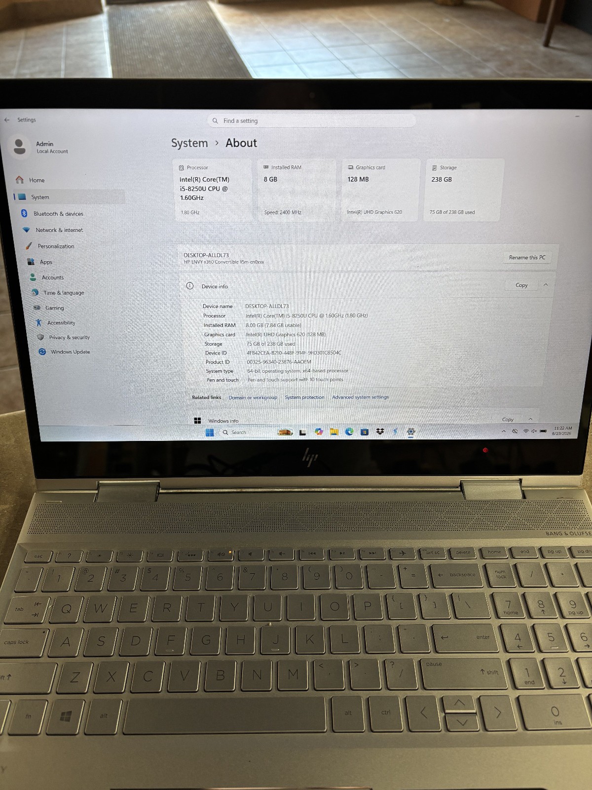 HP ENVY x360 2-in-1 15m-cn0011dx 15.6″, i5-8250U-16GB-256GB Nvme-Windows 11 Home