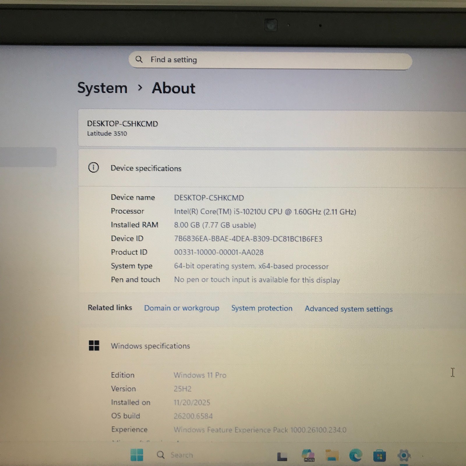 Dell Latitude 3510 Laptop i5-10210U 1.60GHz 8GB RAM 256GB SSD (Windows 11 Pro)