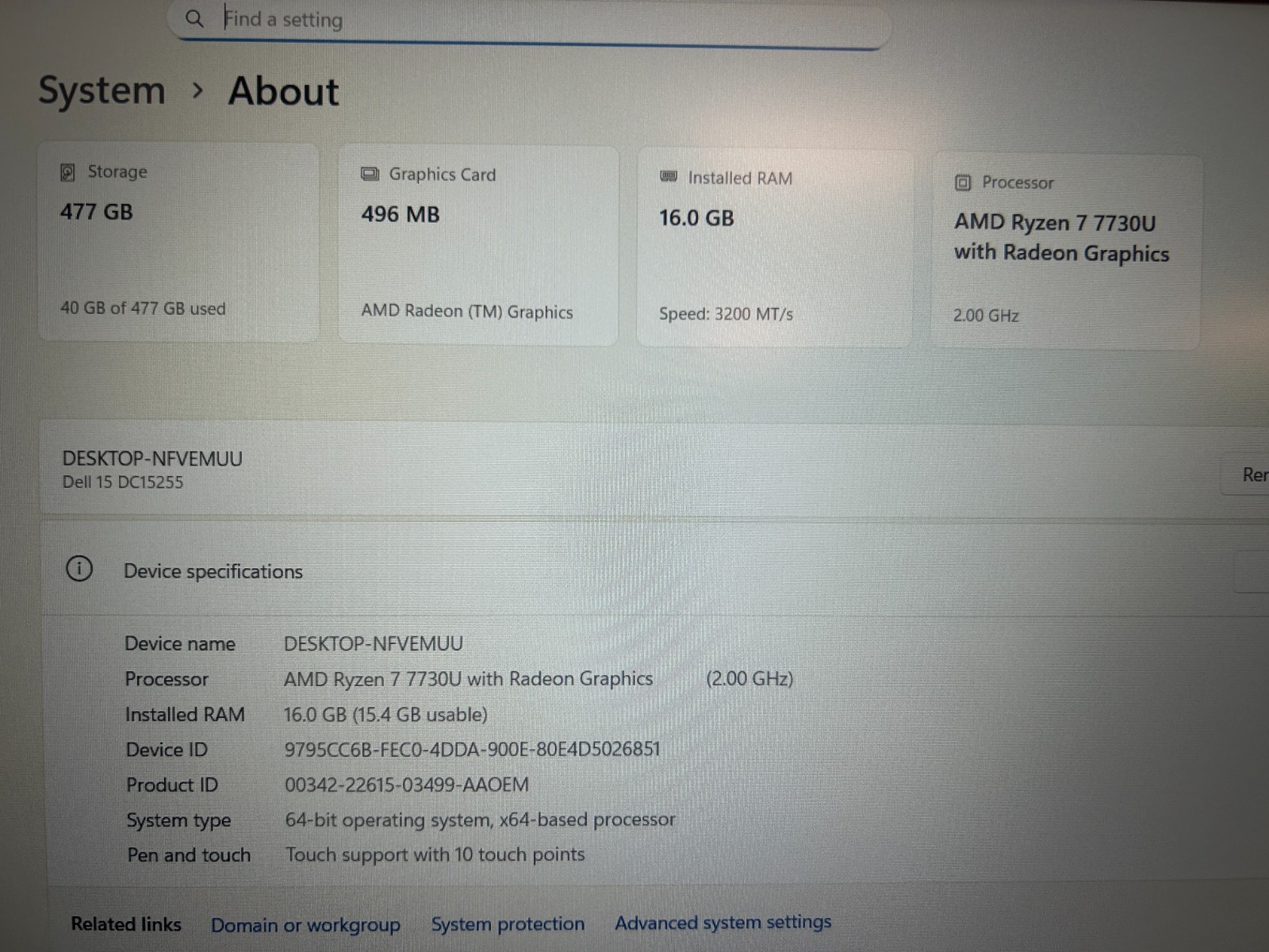 DELL 15 DC15255 G8MK9, AMD Ryzen 7 7730U, 2.00 GHz, 16 GB RAM, 512 GB NVMe