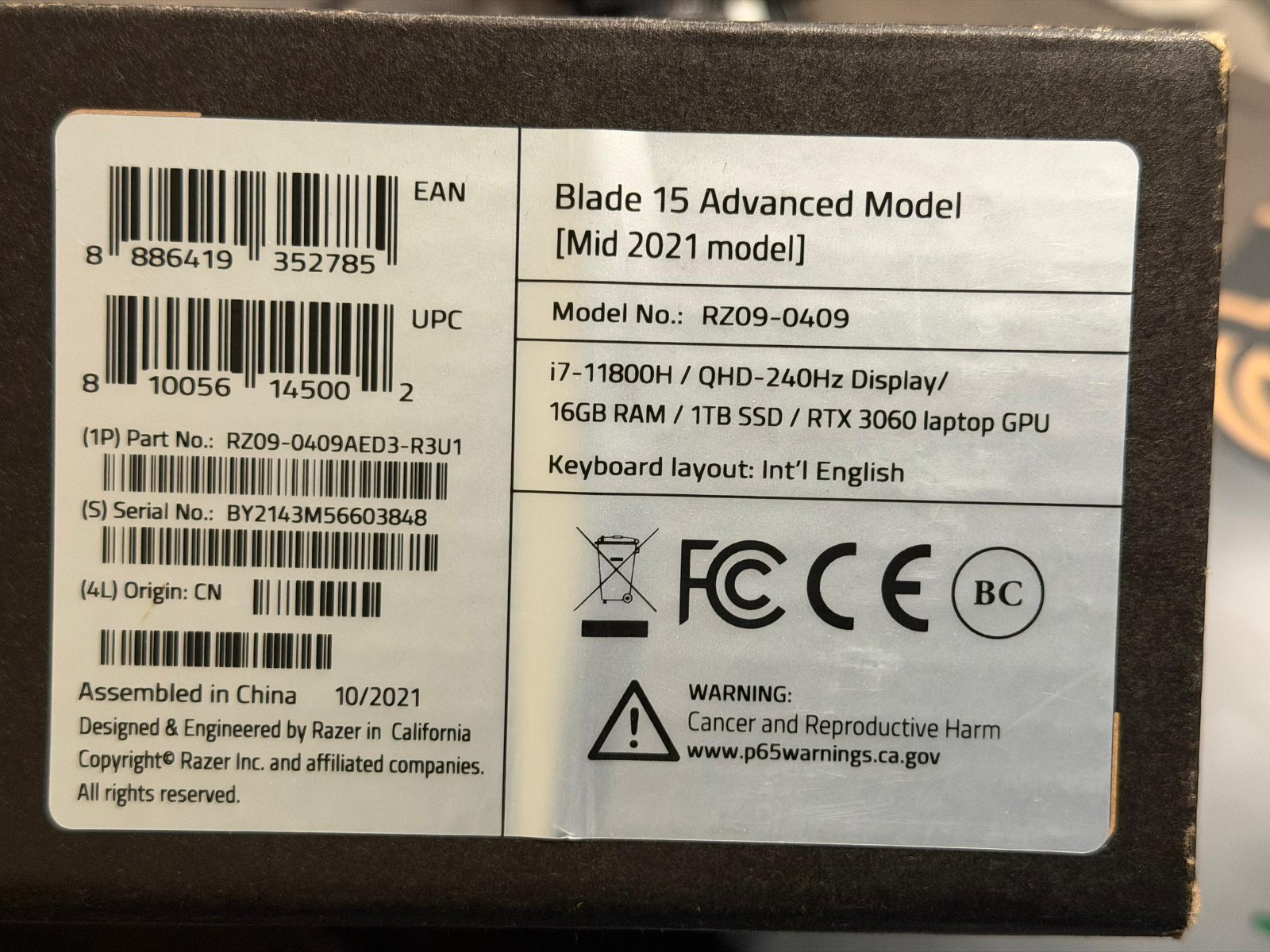 Razer Blade 15 Advanced Model 15.6″ (1TB SSD, Intel Core i7 11th Gen Mid 2021)