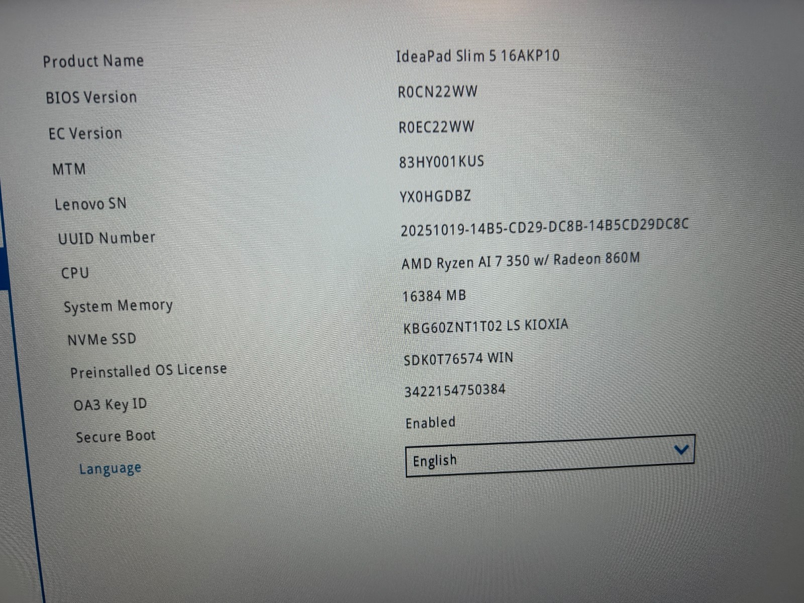Lenovo IdeaPad Slim 5 16AKP10, AMD Ryzen AI 7 350, 2.00 GHz 16 GB RAM, 1 TB NVMe