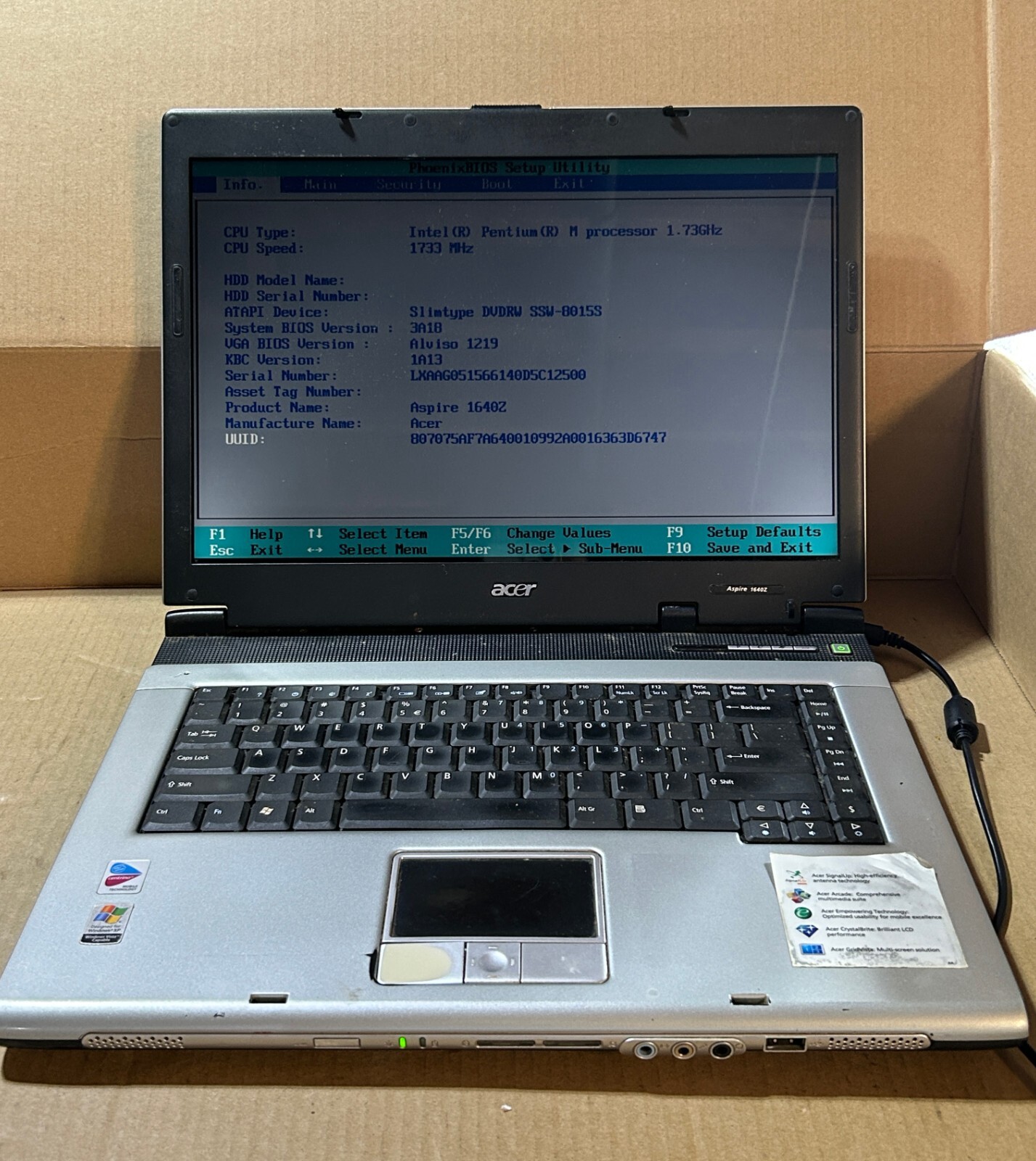 Used – Parts – Vintage – Acer Aspire 1640Z – Intel Pentium M – Centrino – 1GB