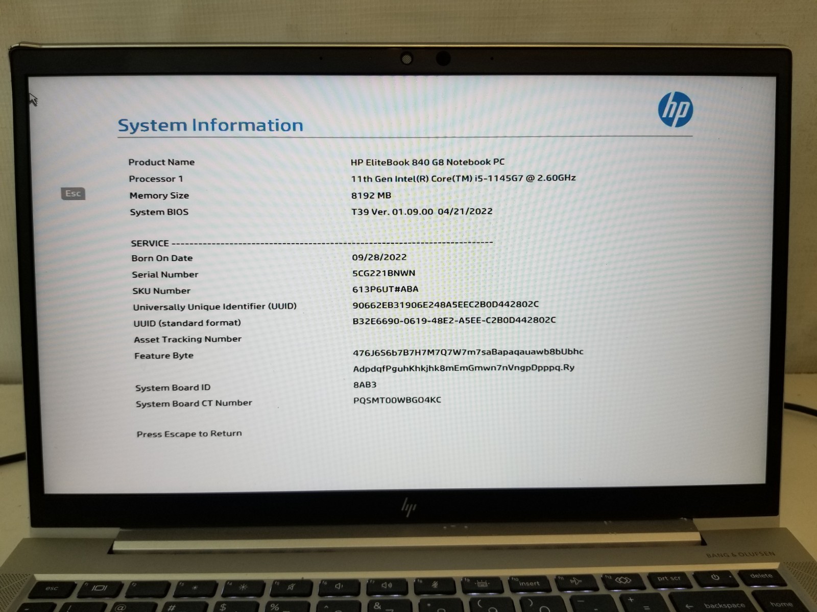 HP EliteBook 840 G8 Intel i5-1145G7 8GB RAM NO SSD NO OS