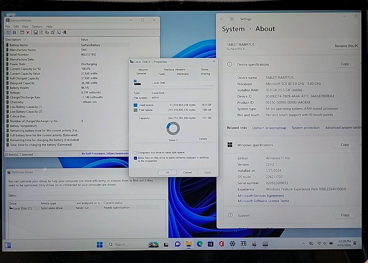 Microsoft Surface Pro X Microsoft SQ1 @ 3.00GHz 16GB RAM 256GB SSD W11P *READ*
