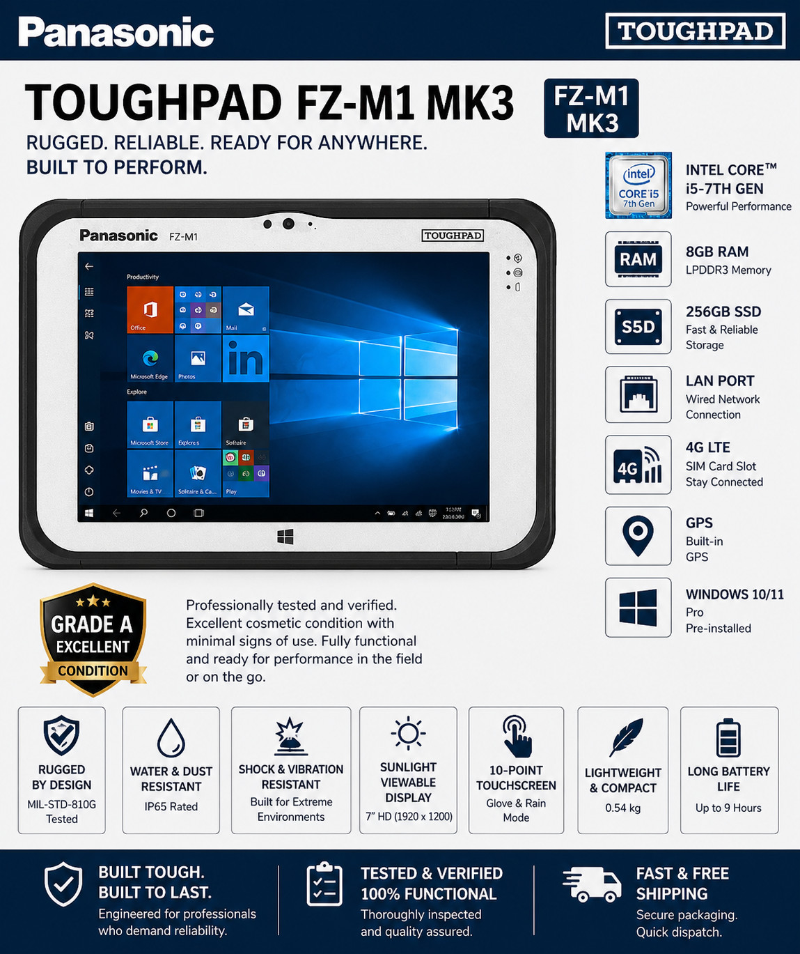 Panasonic ToughPad FZ-M1 MK3 I5 1.2GHz Win 10 8GB, 256GB Tablet LAN RJ45 4G GPS