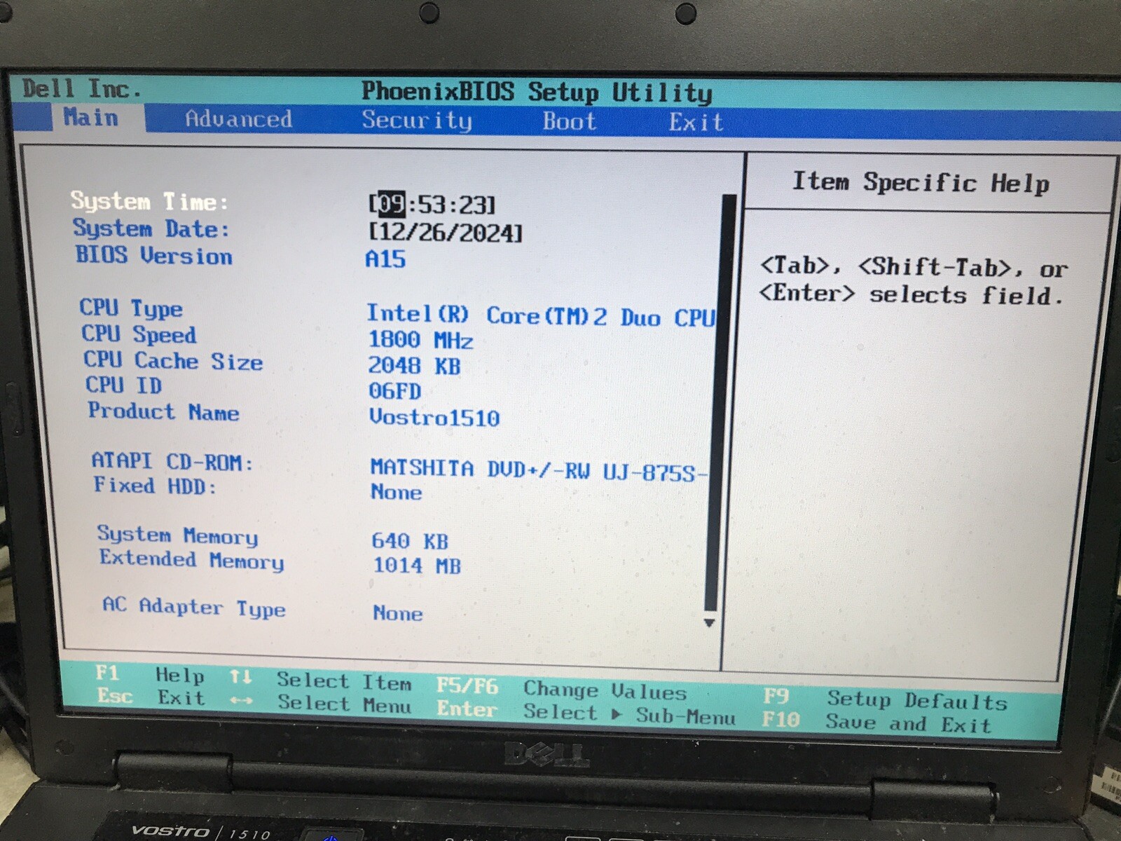 Dell Vostro 1510 Core 2 Duo Laptop Boots to BIOS NO HDD/Charger
