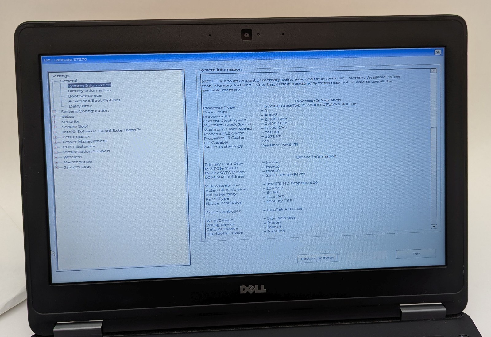 Incomplete Dell Latitude E7270 12.5″ Laptop Intel Core i5-6300U 2.40GHz 8GB RAM