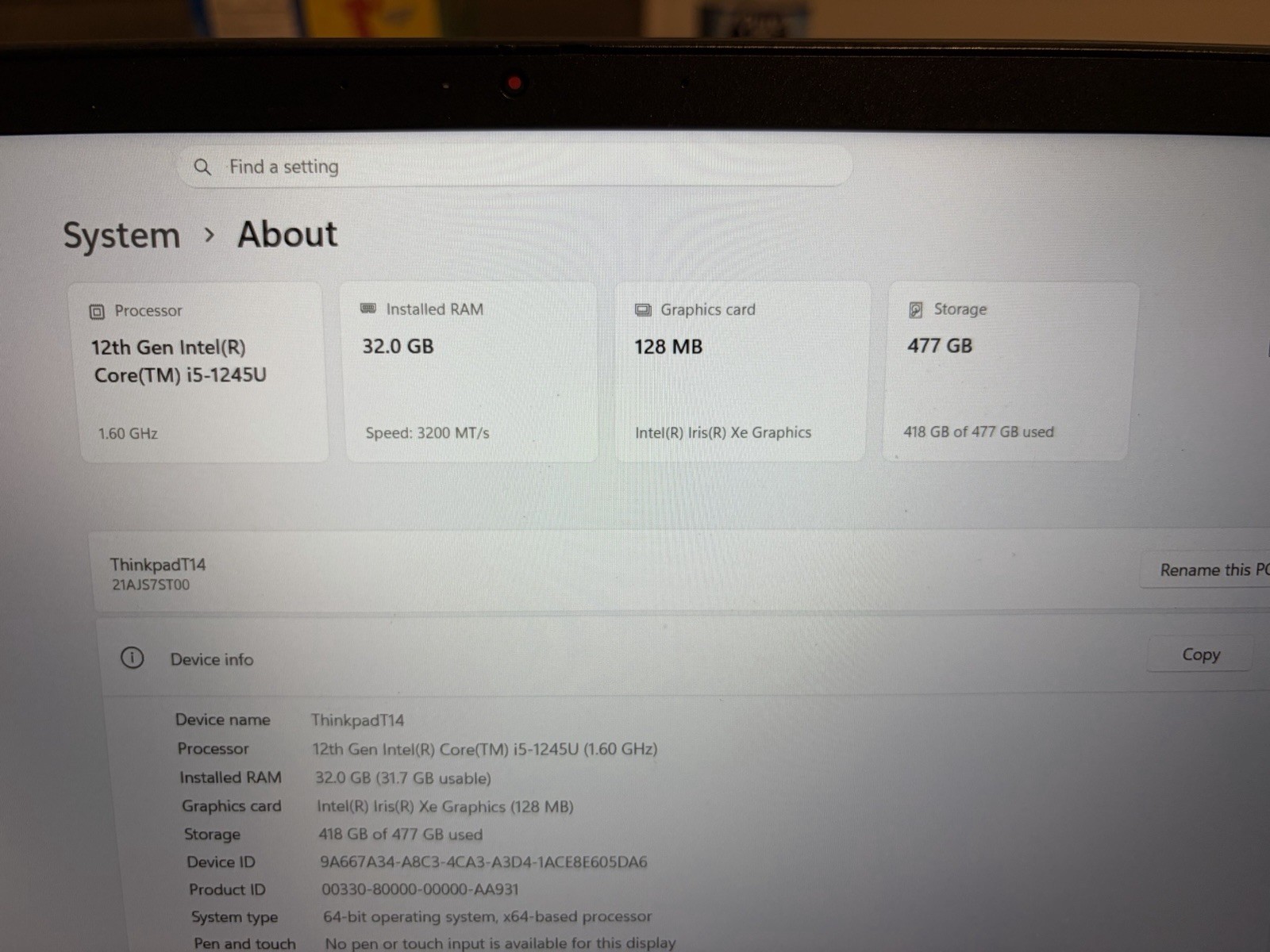 Lenovo ThinkPad T14 gen 3 Intel 12th Gen i5 Max Speed 4.4 GHz 32GB RAM