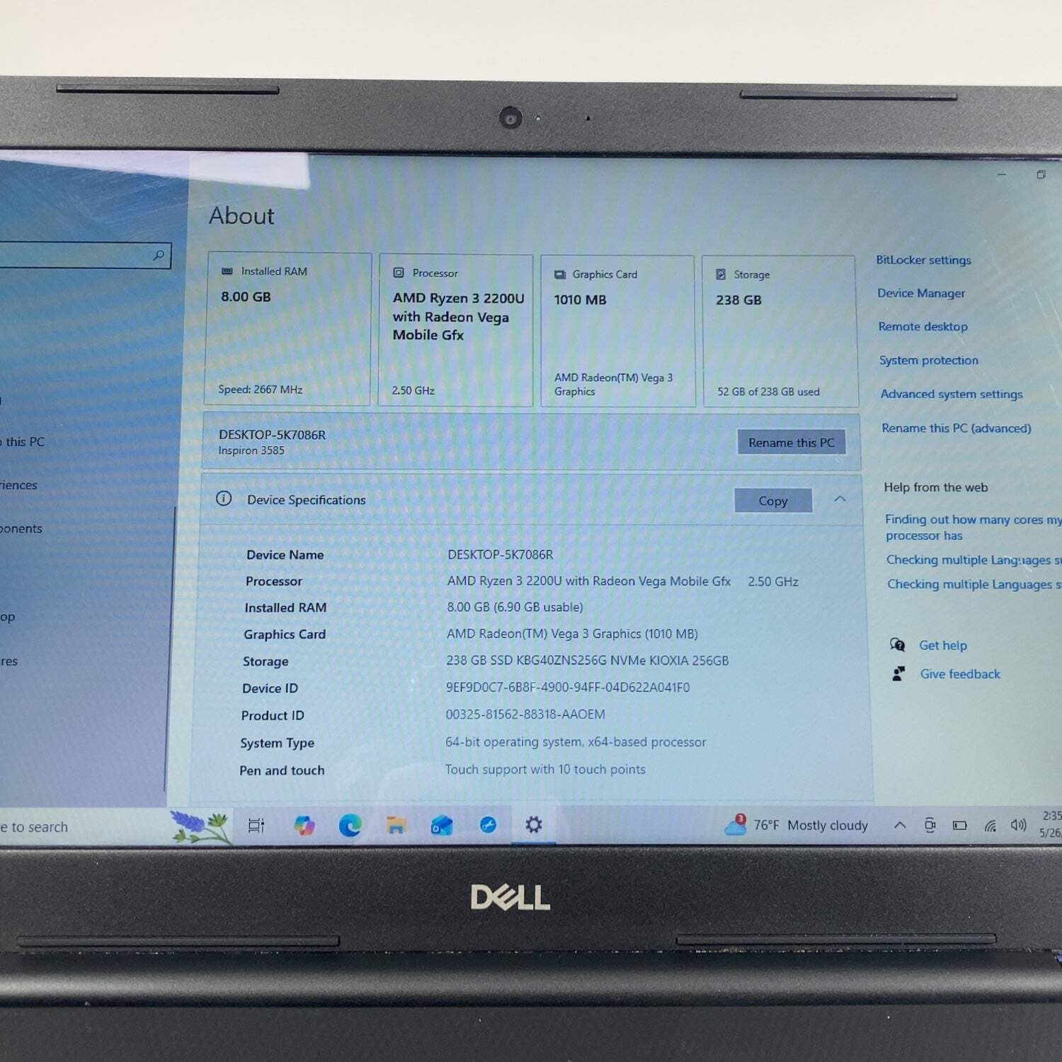Broken Dell Inspiron 3585 15.6″ Ryzen 3 2200U 2.5GHz 8GB RAM 256GB SSD READ