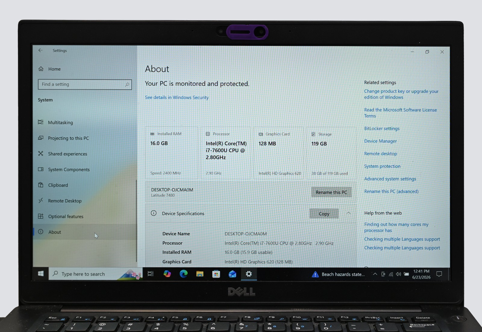 Dell Latitude 7480 i7-7600u 2.8GHz 16GB RAM 128GB SSD Windows 10 Pro