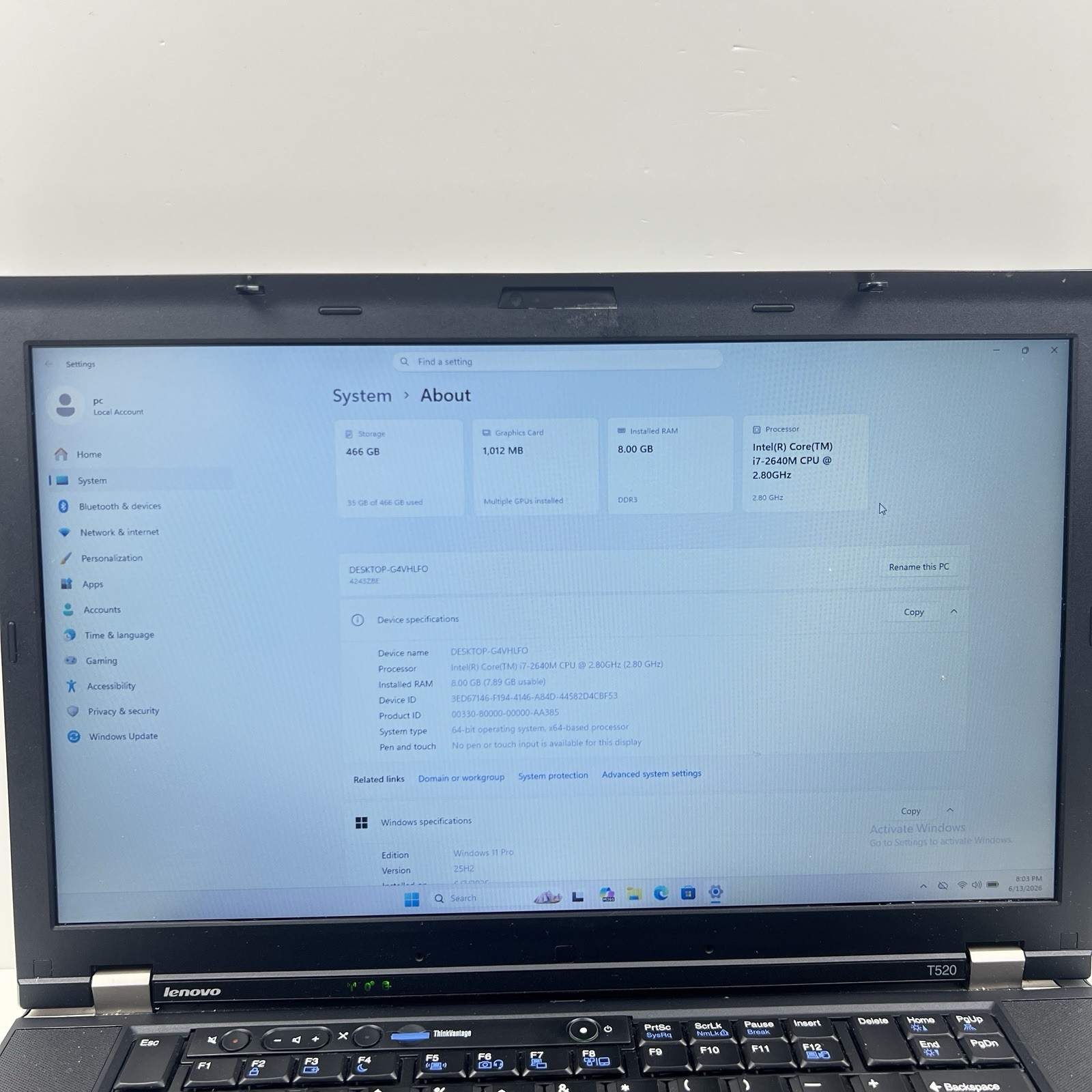 Lenovo ThinkPad T520 Intel i7-2640M 8GB 500GB HDD Win 11 w/ Charger|ELP102, READ