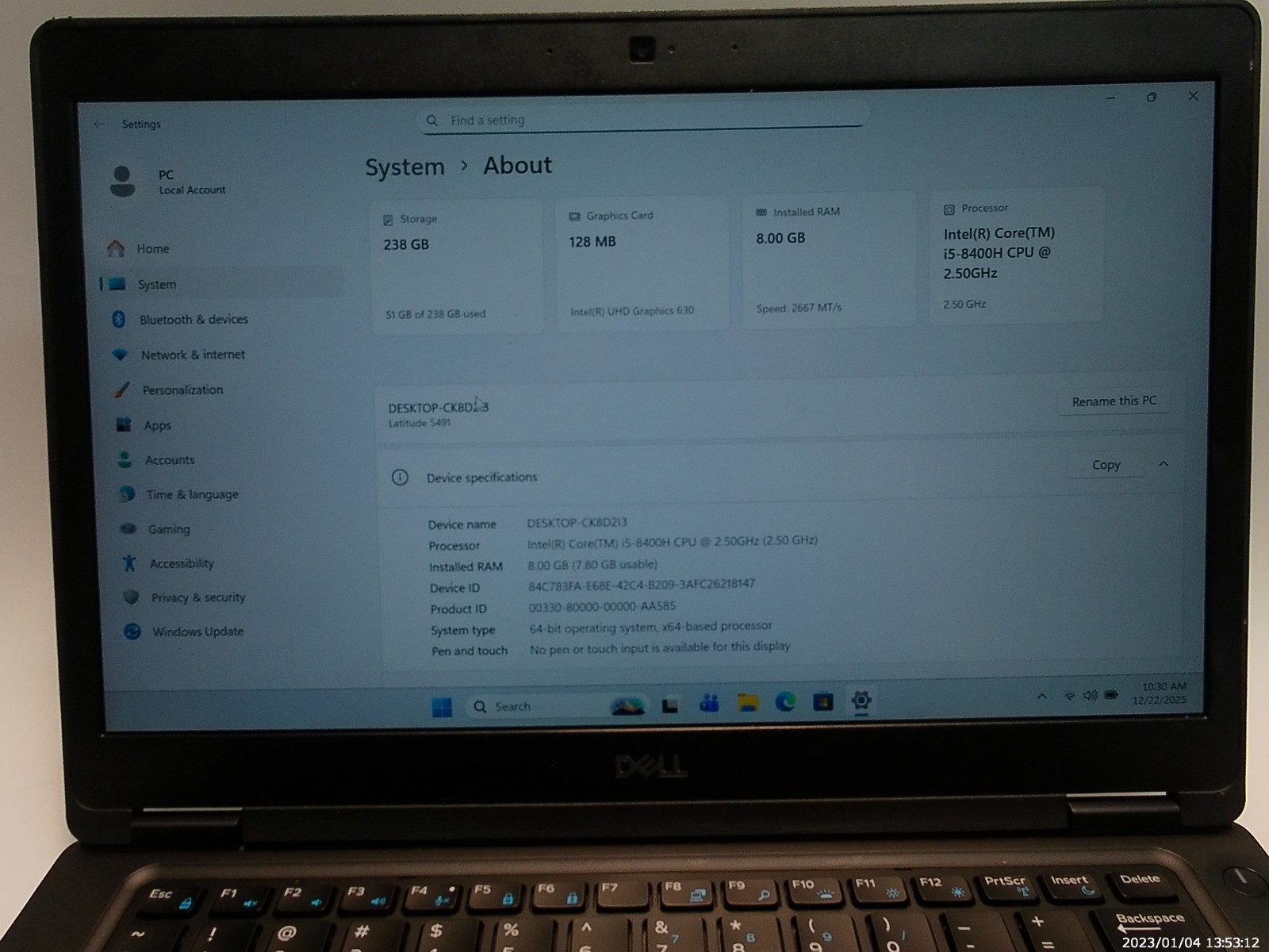 Dell Latitude 5491 – i5-8400H – 256GB M.2 – 8GB RAM – Windows 11 Pro