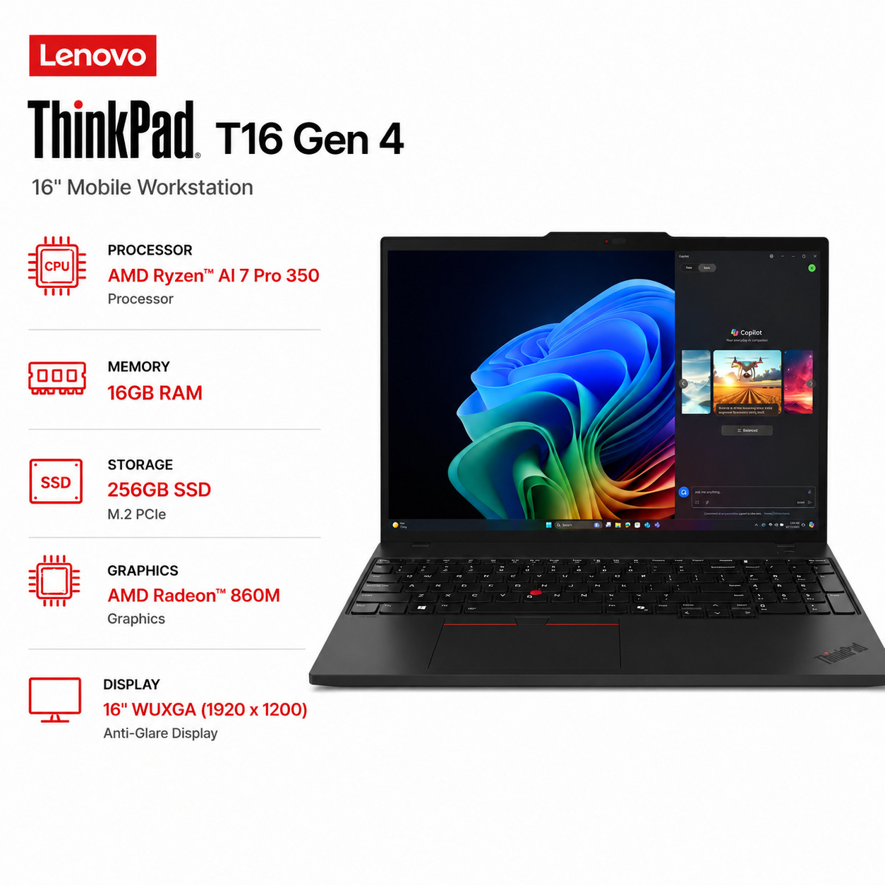 Lenovo ThinkPad T16 Gen 4/16″ /AMD Ryzen AI 7 Pro 350/16GB/256GB/AMD 860M GPU
