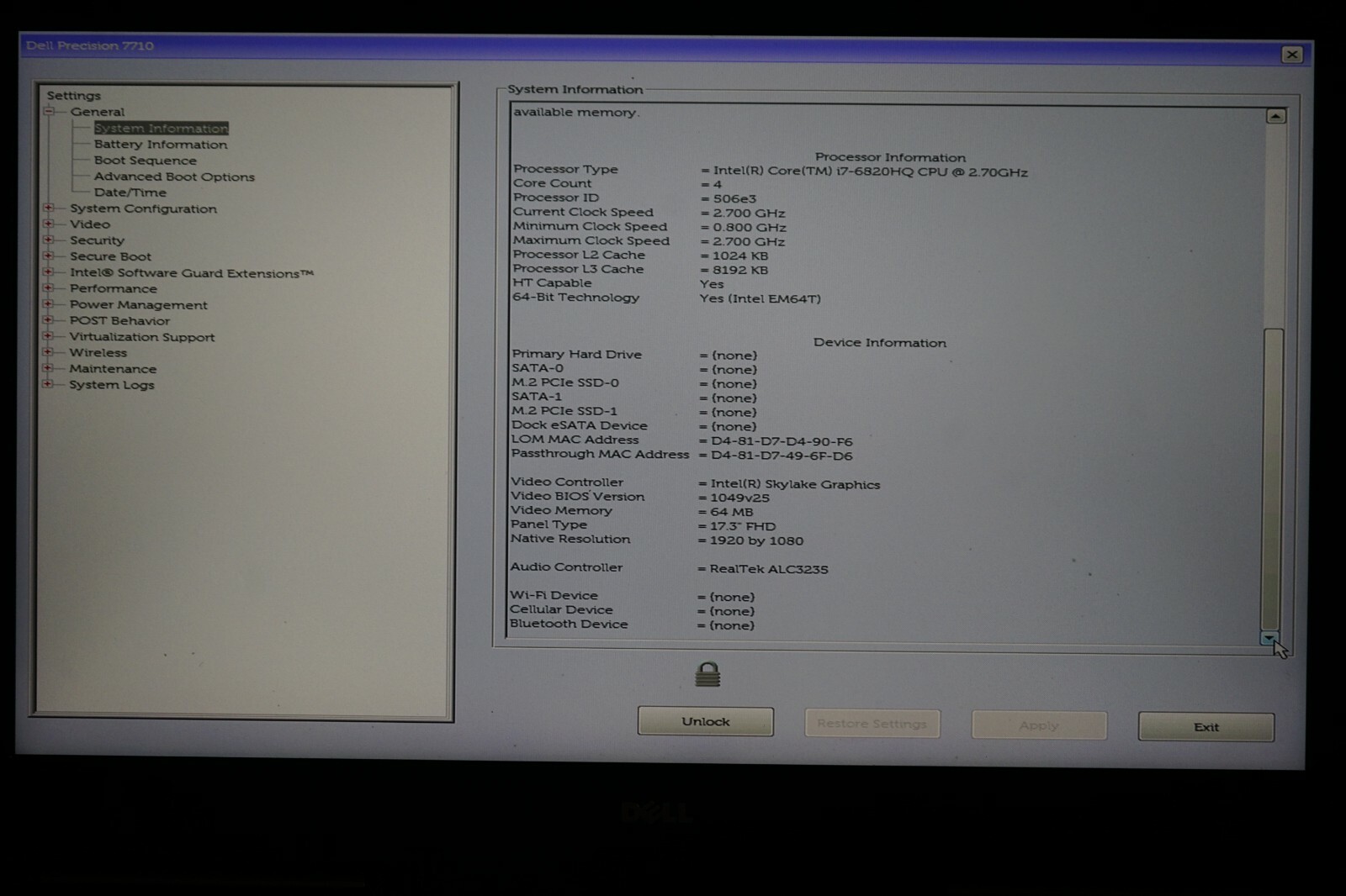 ^ Dell Precision 7710 Intel Core i7-6820HQ @2.70GHz 8GB Ram No HD “READ” #C1180