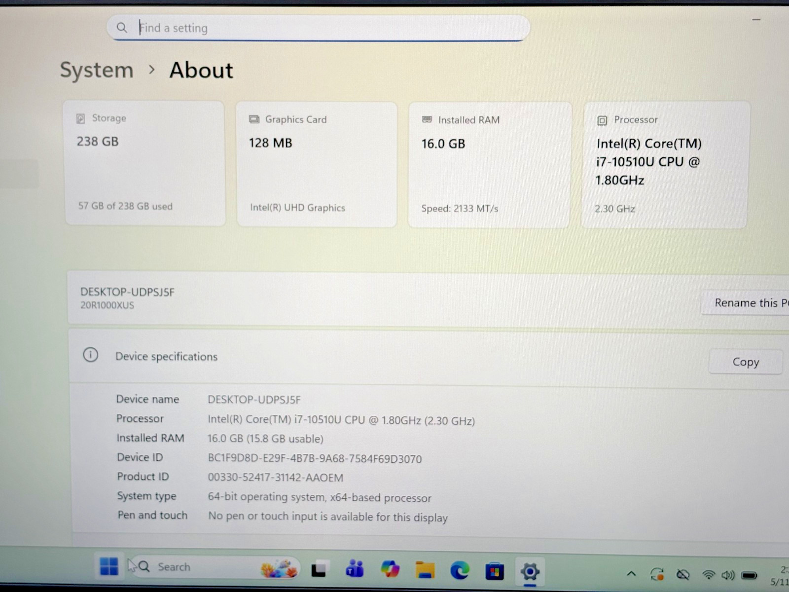 Lenovo ThinkPad x1 Carbon 7 Intel i7-10th Gen 1.90GHz 16GB RAM 256GB SSD W 11 P*