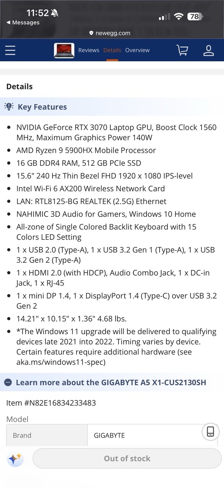GIGABYTE A5 X1-CUS2130SH 15.6in Ryzen 9 5900HX 16GB 512GB RTX 3070
