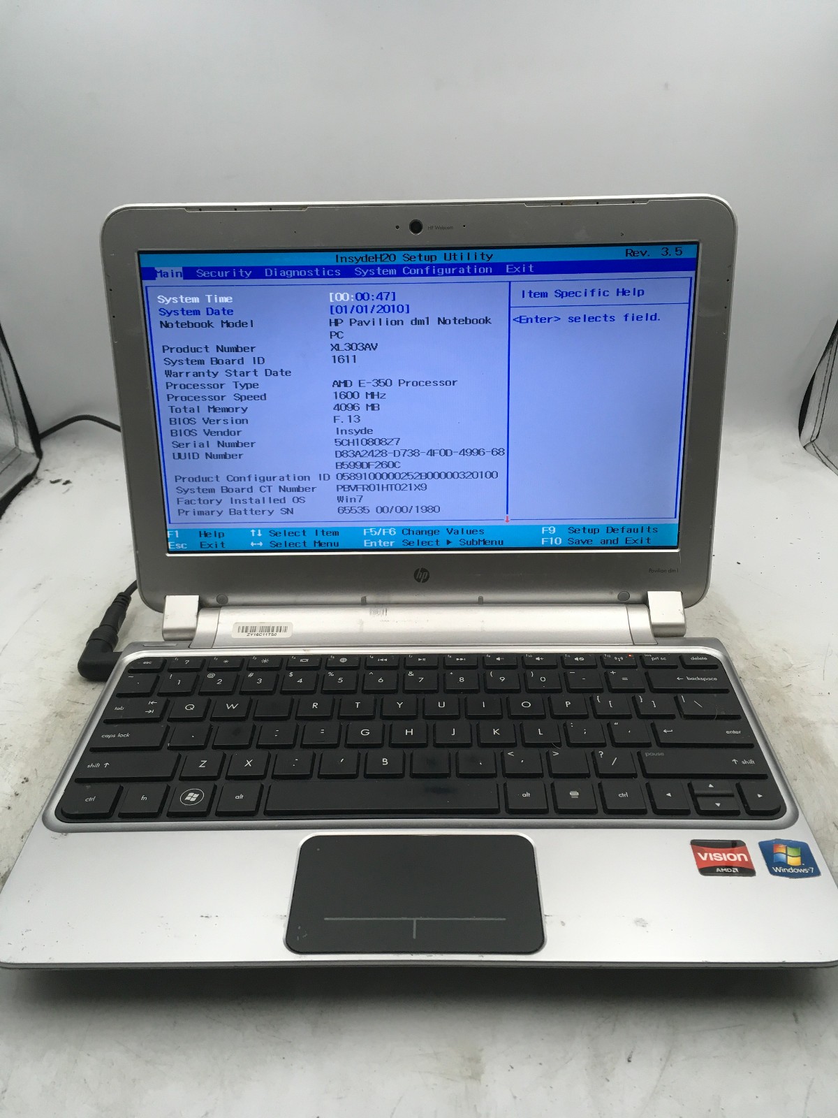 HP PAVILION DM1 – BOOTS TO BIOS – AMD E 350 – NO RAM – 11″ – READ DESCRIPTION-BB