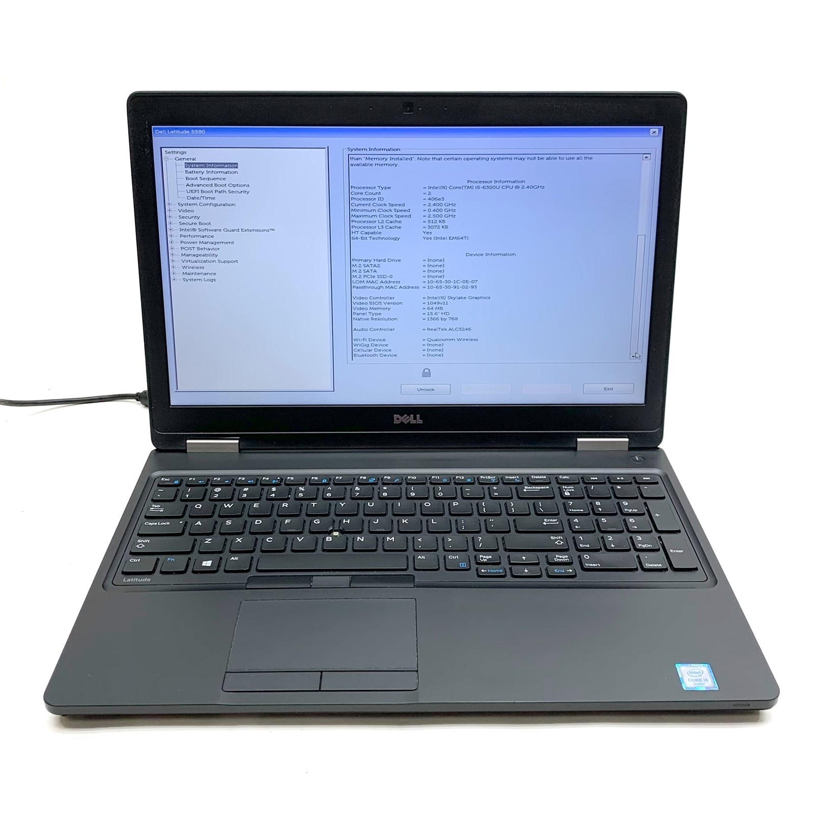 Dell Latitude 5580 15″ HD Intel Core i5-6300U 2.4GHz No Drive Battery BIOs Lock