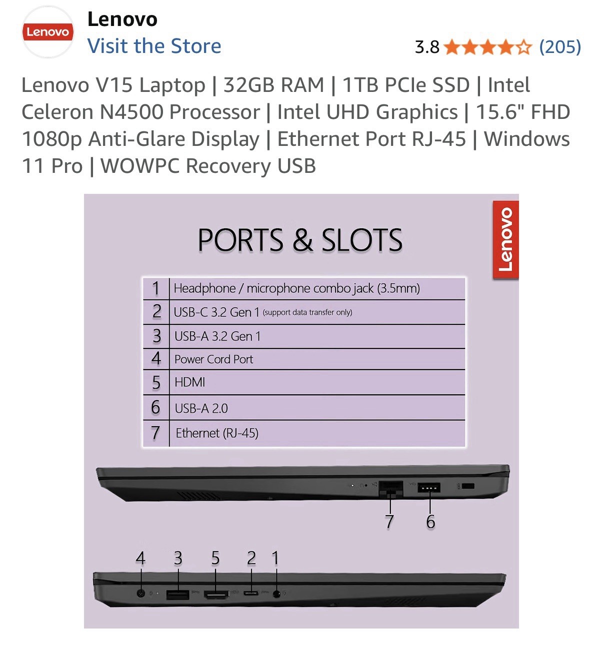 Lenovo V15 Laptop 15.6″ Intel Celeron N4500 32 GB RAM 1TB PCle SSD Black