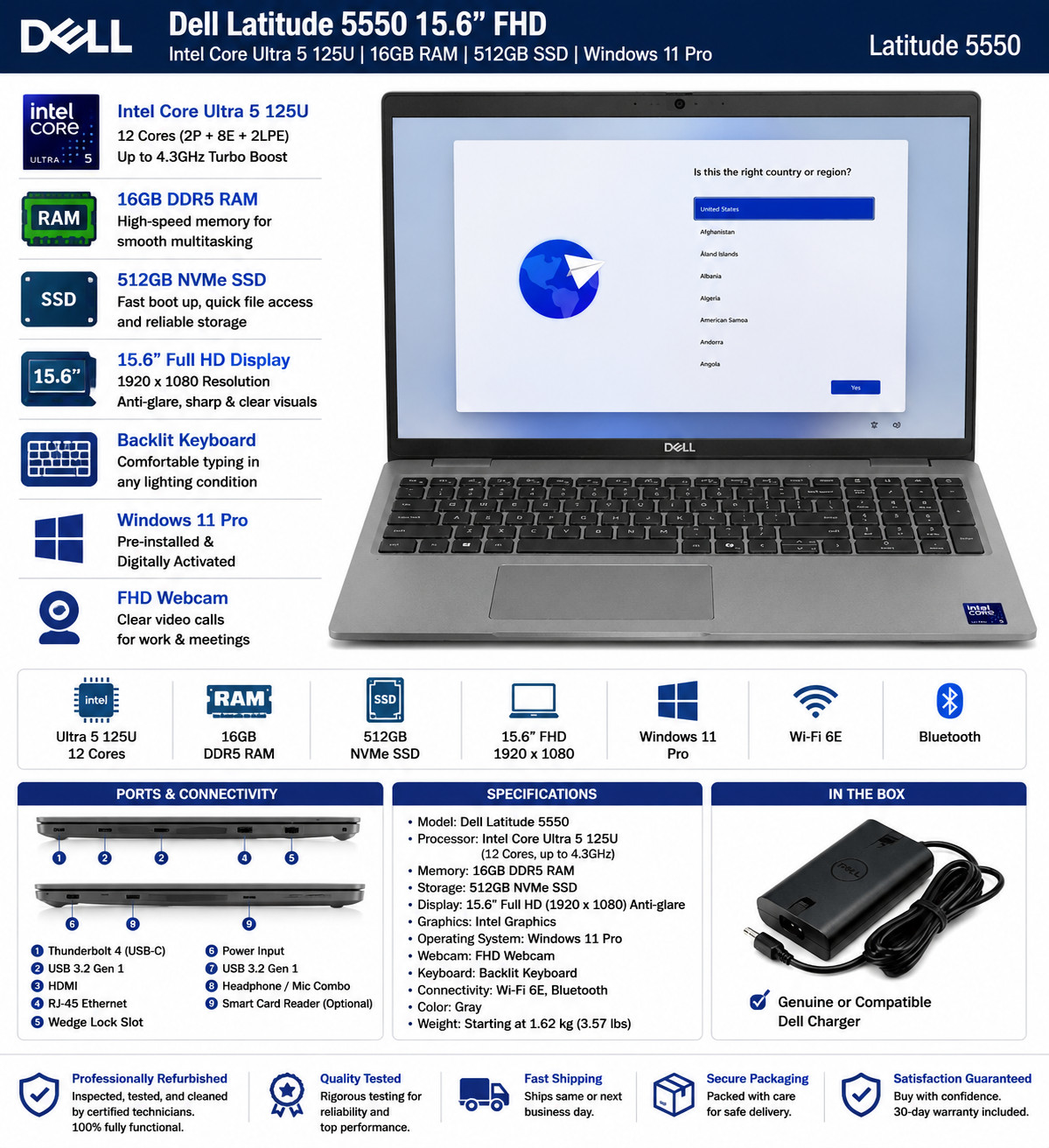 Dell Latitude 5550 15.6″ FHD Ultra 5 125U 16GB RAM 512GB SSD Win11 Pro