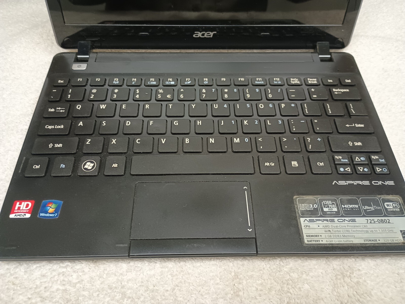 Acer Aspire One 725-0802 AMD C60 2GB RAM 320 HDD 11.6″ Laptop FOR REPAIRS/PARTS