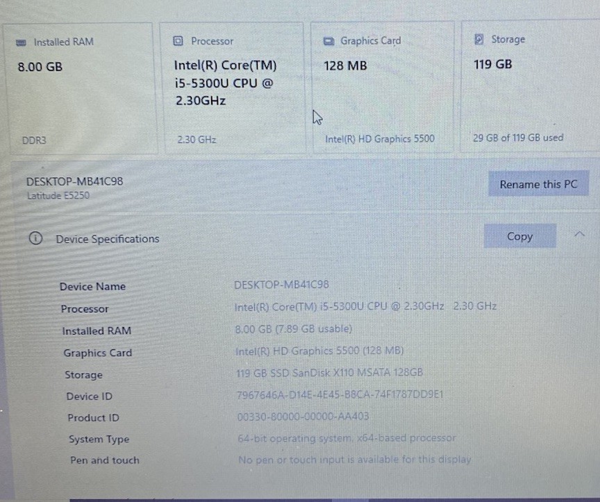 Dell Latitude E5250 13″ Core i5-5300U 2.3GHz 8GB RAM 128GB SSD NO OS Fair READ