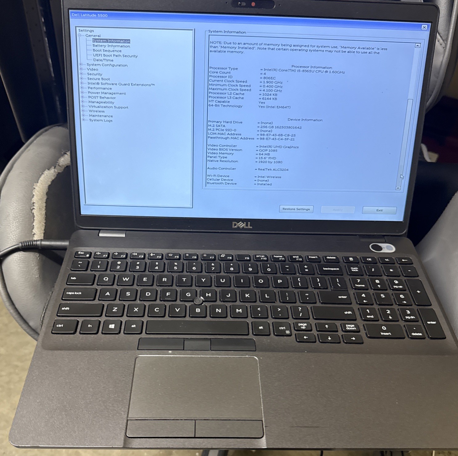 Dell Latitude 5500 i5-8365U 16GB RAM 256GB SSD 15.6” FHD Win11 Pro Charger