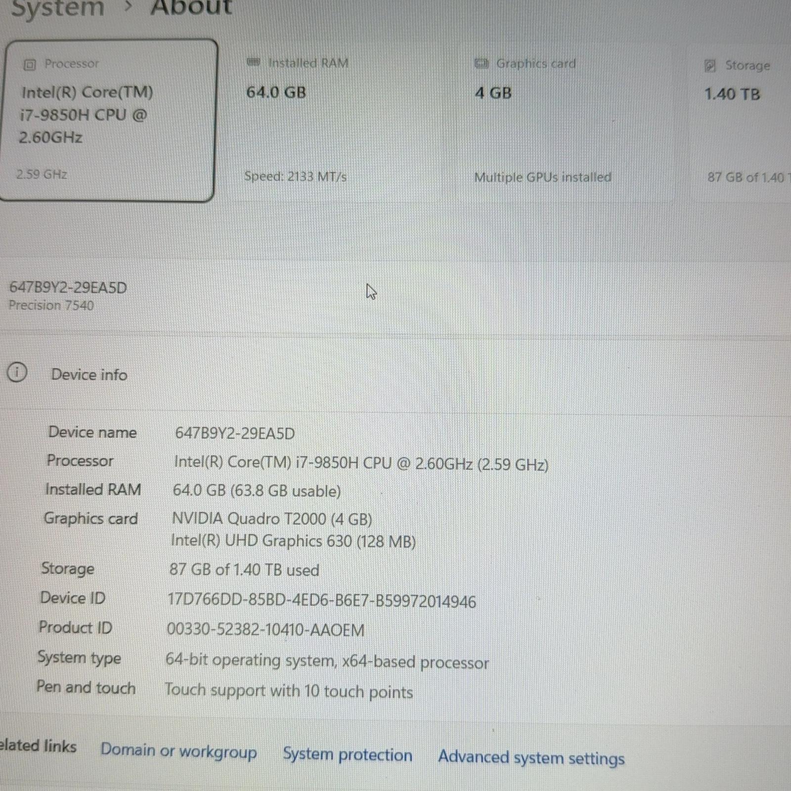 Dell Precision 7540 i7-9850H 64GB RAM 1.4TB SSD Quadro T2000 Win 11 Pro 17″