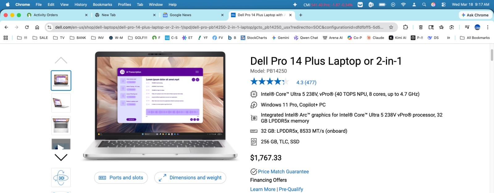 Dell Pro 14 Plus PB14250 14″ Ultra 5 with 32GB RAM and 256GB SSD-Save $$$