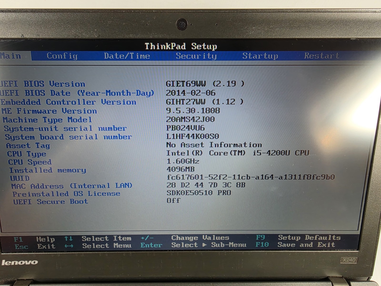 LENOVO THINKPAD X240 – BOOTS TO BIOS – INTEL I5 4200U – 4GB RAM NO HDD