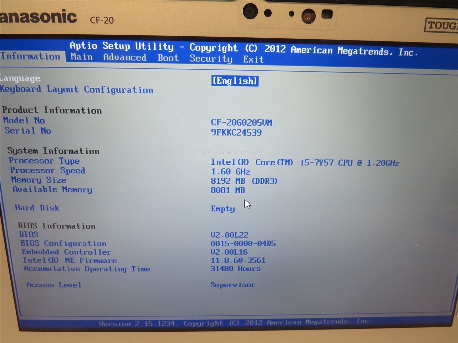 Panasonic Toughbook CF-20 Intel Core i5-7Y57@1.2GHz 8GB RAM