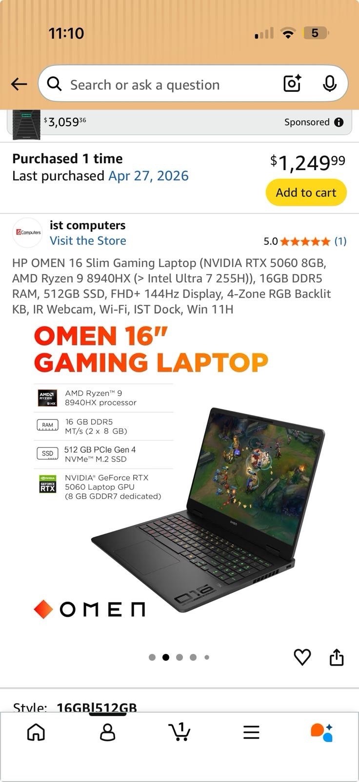 HP OMEN 16 Slim 16″ Gaming Laptop Ryzen 9 RTX 5060 16GB 512GB SSD W11
