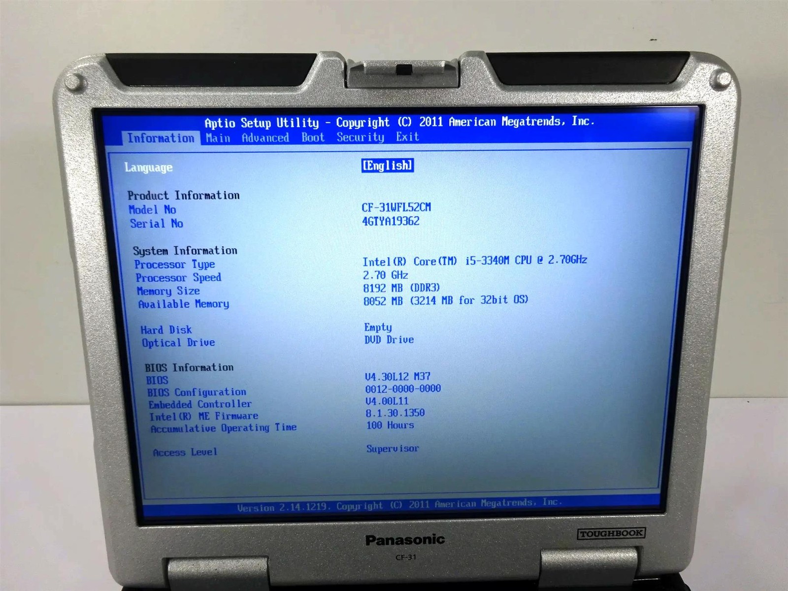 Panasonic CF-31 Core i5-3320M 2.6GHz 8GB DDR3 – No HDD – Usage : 100 Hours