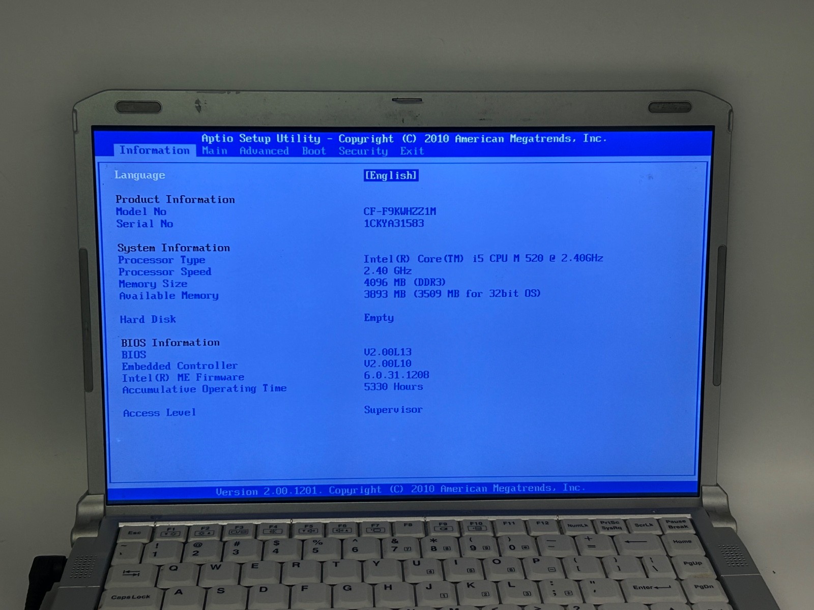 Panasonic Toughbook, CF-F9, i5-M520, 4GB RAM, No HDD, No OS, Rugged Laptop