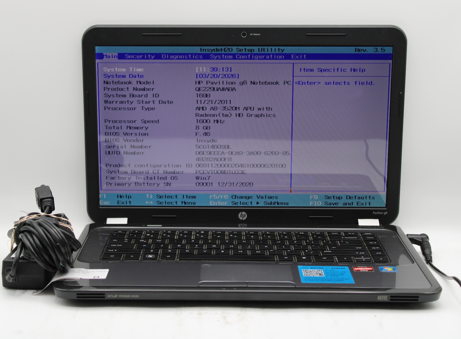 HP Pavilion G6 AMD A8-3520M @1.6 GHz 8GB RAM No SSD No OS Radeon