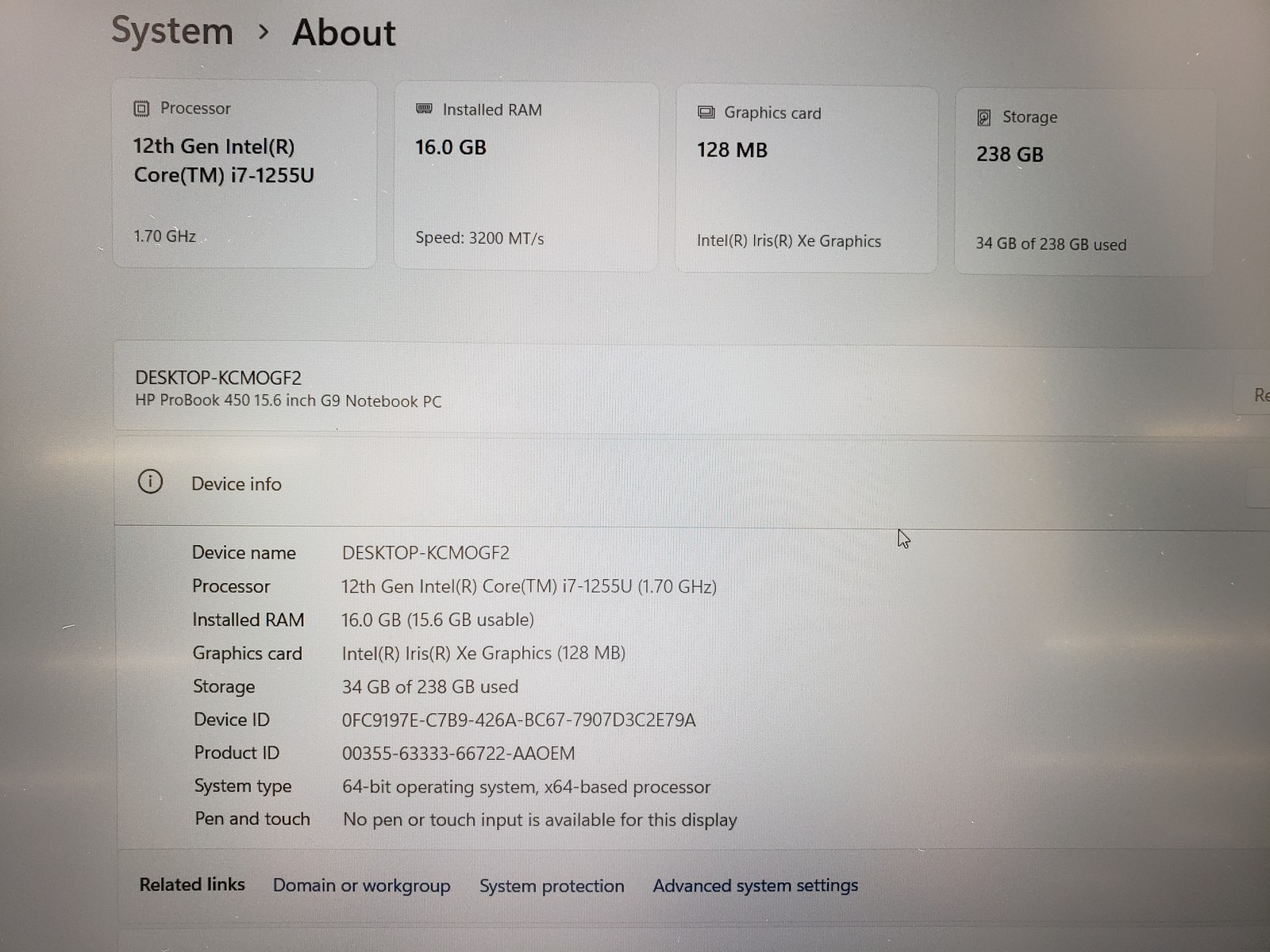 HP ProBook 450 G9 i7-1255U 16GB RAM 256GB SSD 15.6in Iris Graphics 128MB Tested