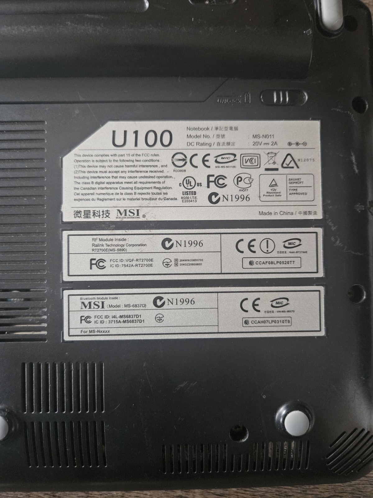 MSI U100 MS N011 LAPTOP Notebook – INTEL ATOM – 10″ – FOR PARTS ONLY