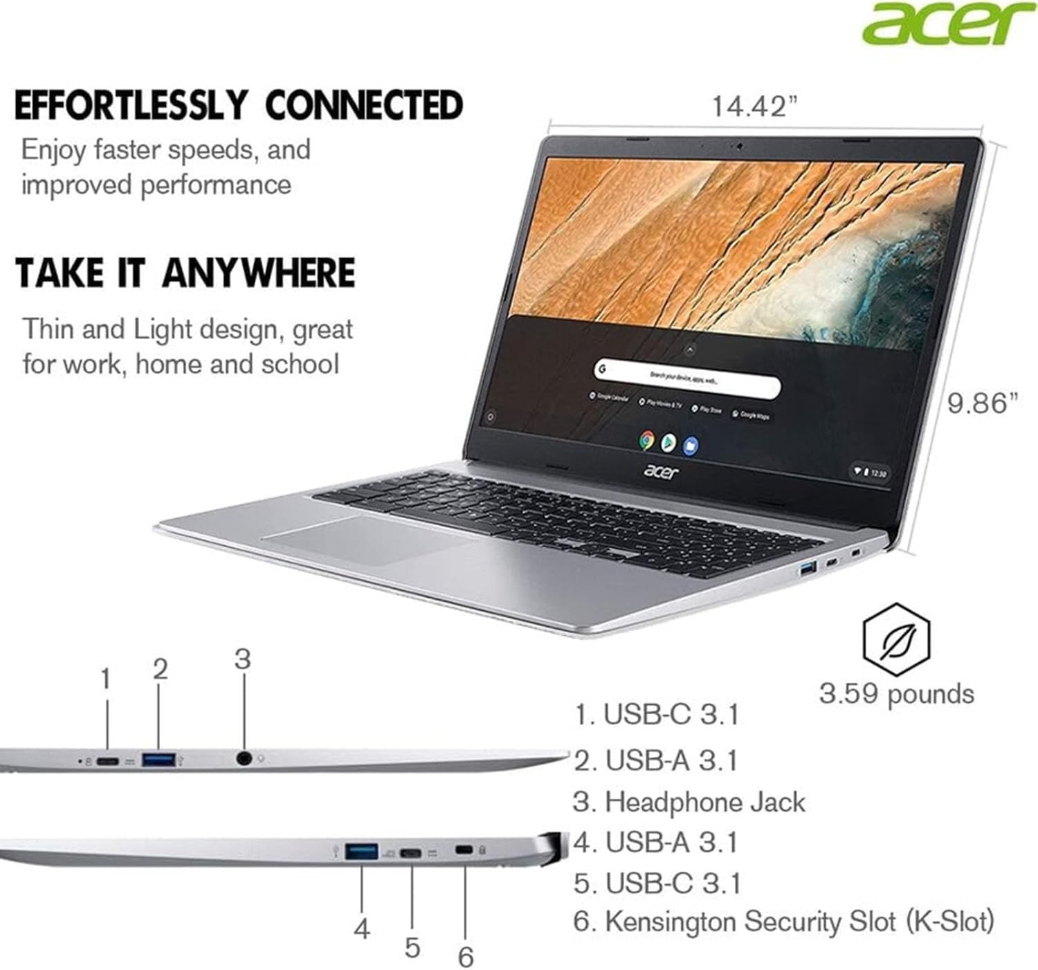 Acer Chromebook 315 15.6″ Business Laptop,Intel Celeron N4020,4GB RAM,192GB