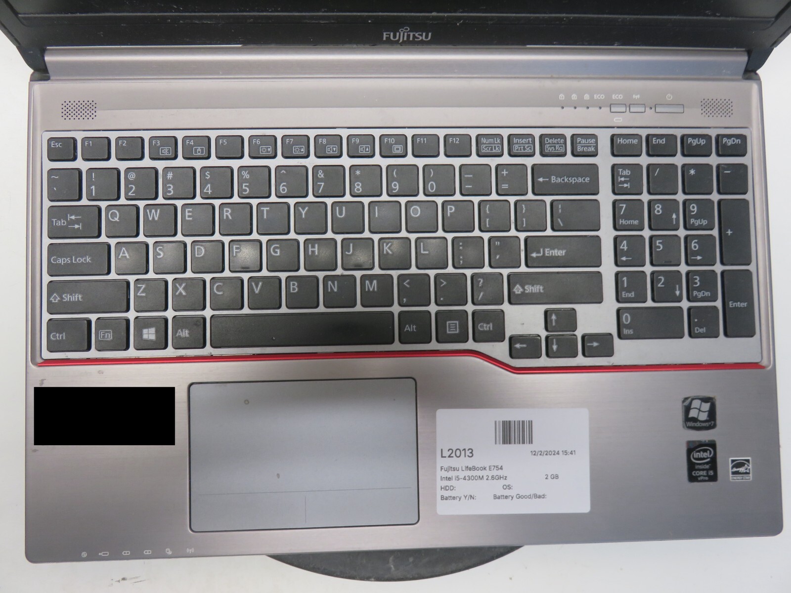 Fujitsu LifeBook E754 Intel i5-4300M 2.6GHz 2 GB NO HDD No Batt
