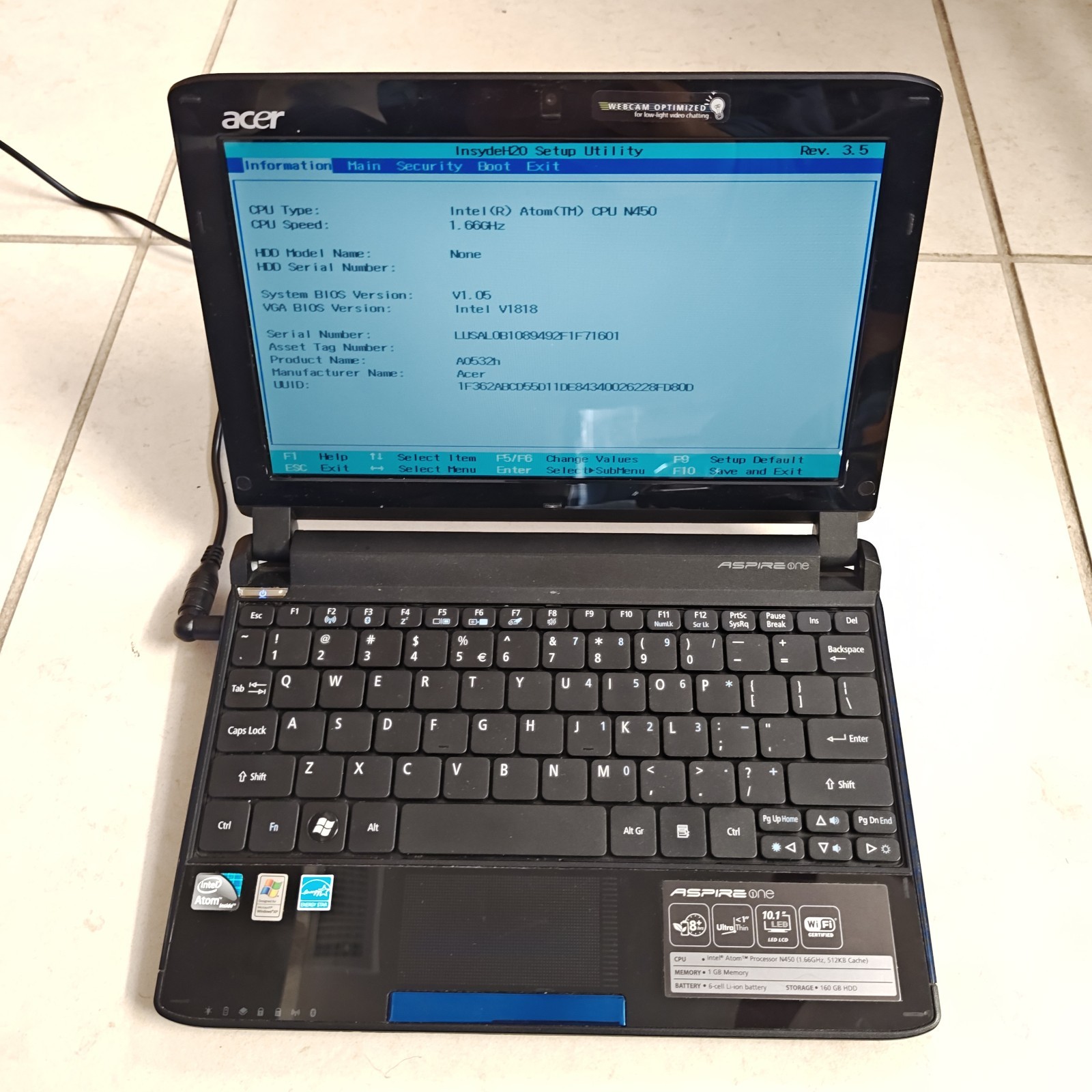 Acer Aspire One 532h-2382 Netbook Laptop – NO HDD/1GB RAM – *READ* #3609