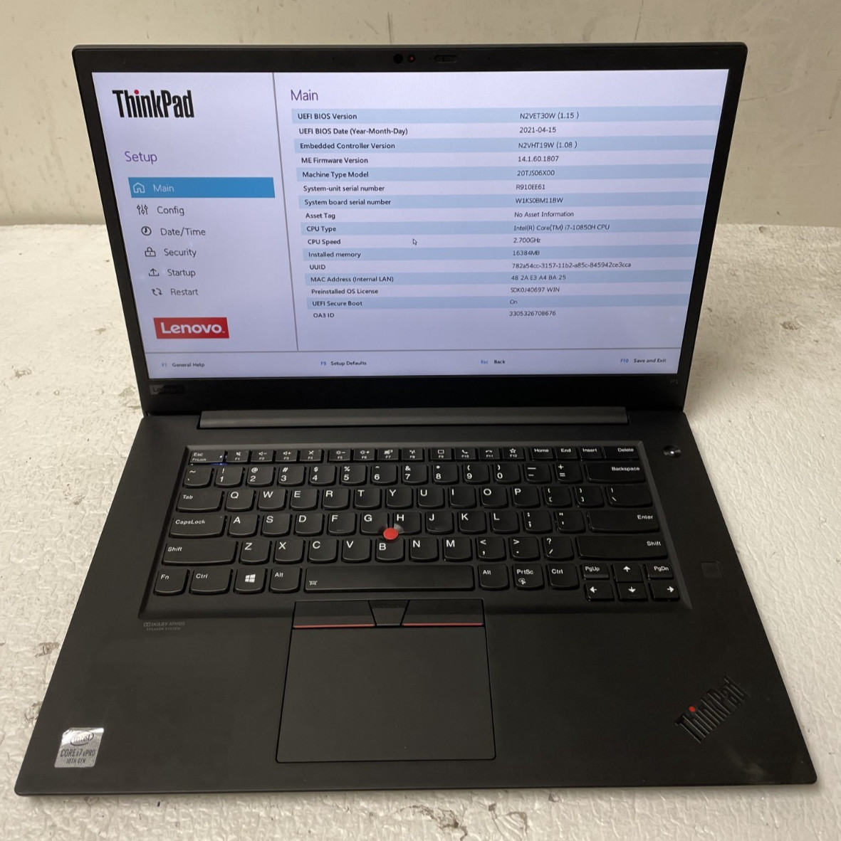 Lenovo ThinkPad P1 Gen 3 Intel Core i7-10850H @2.70GHz 16GB RAM NO SSD Part READ