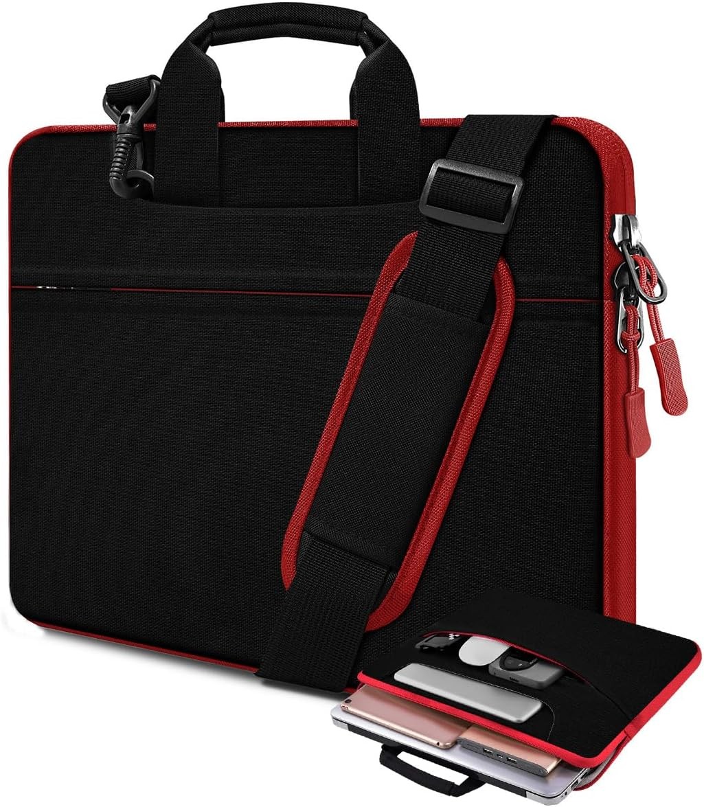 Black Red 15.6 inch Laptop Shoulder Bag, Durable Shockproof Briefcase with Pocke