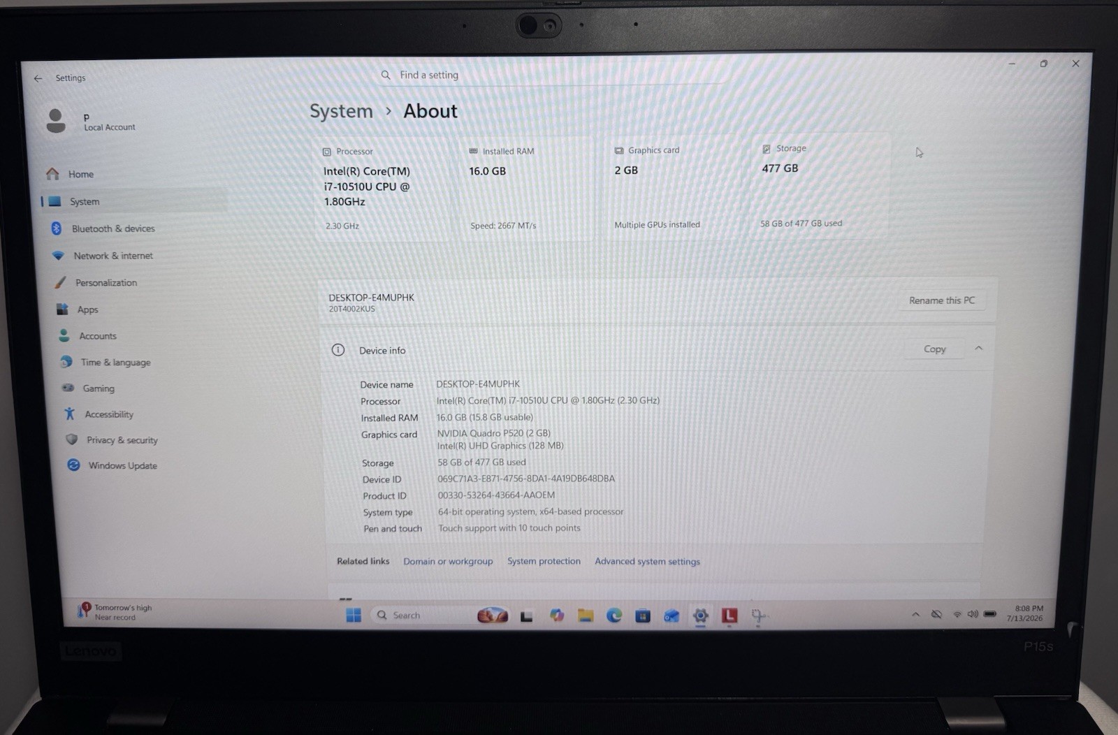 LENOVO ThinkPad P15s Gen1 i7 15.6″ 16GB RAM 512GB SSD WIN11P NVIDIA Quadro P520