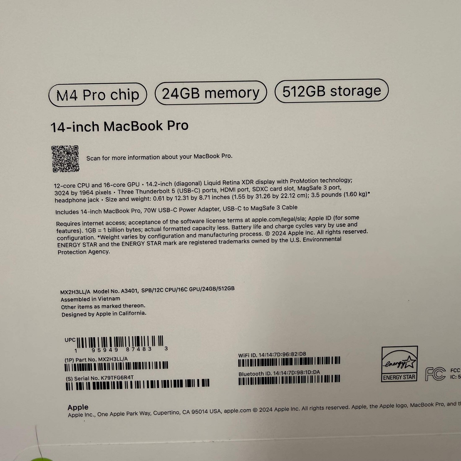 New 2024 Apple MacBook Pro 14″ M4 Pro 16C GPU 24GB RAM 512GB SSD MX2H3LL/A