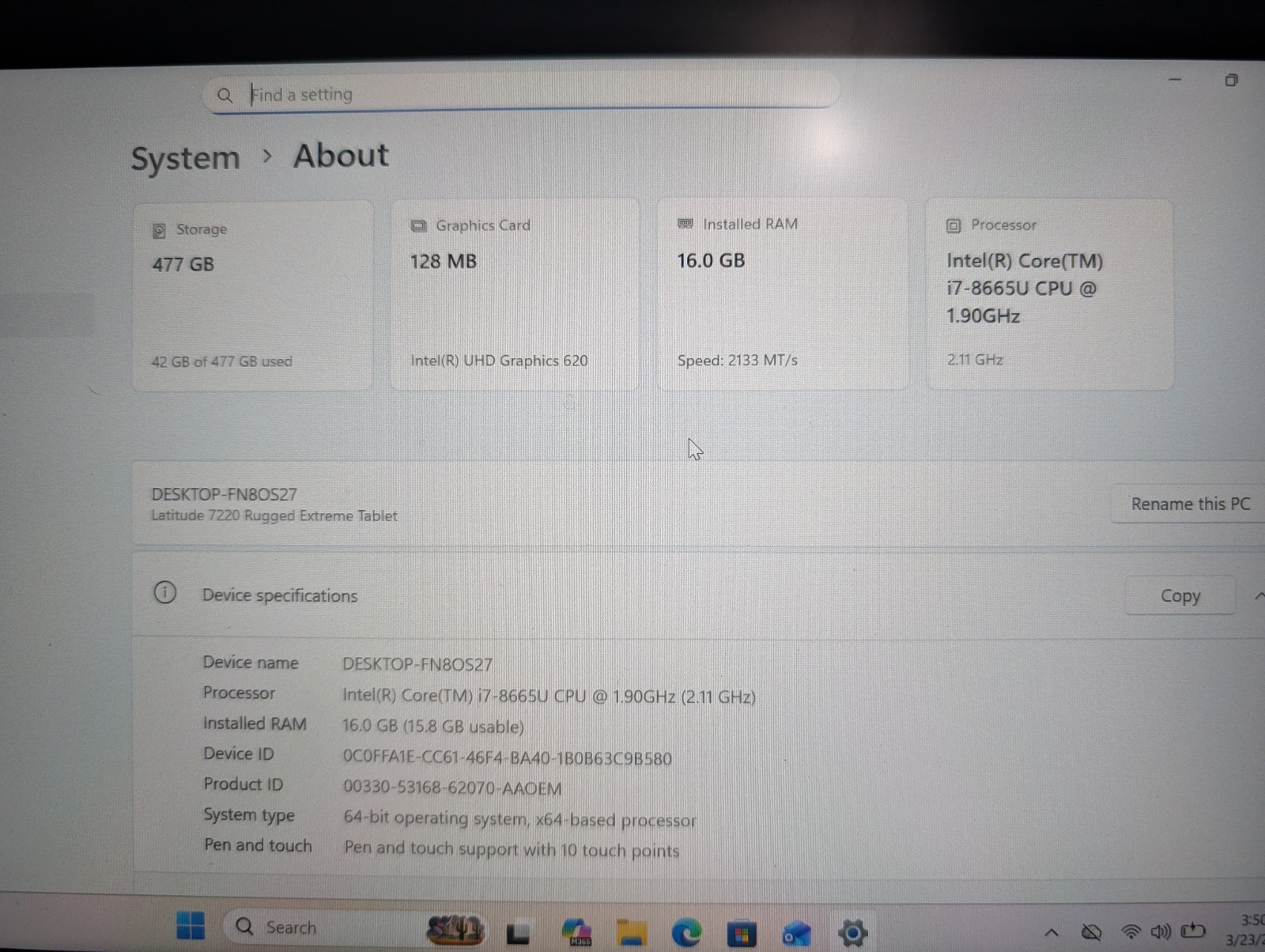 DELL Latitude 7220 Rugged Extreme Tablet Intel i7-8665u 1.9GHz 16GB 512GB *READ*