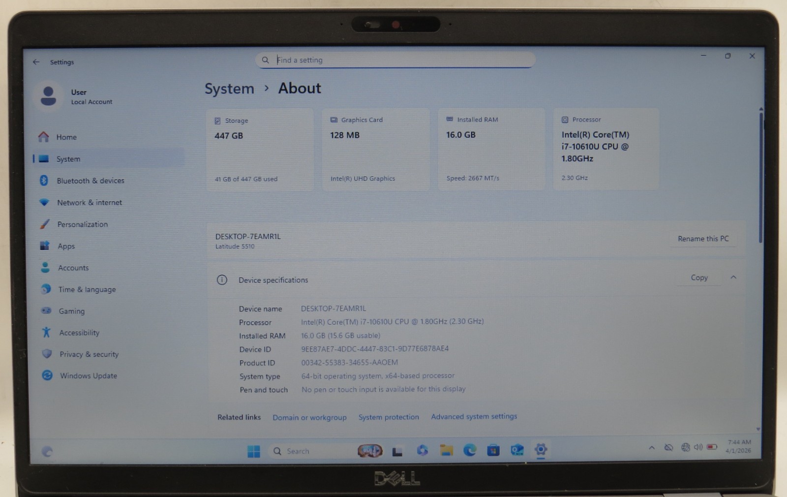 Dell Latitude 5510 i7-10610U @ 2.30GHz 16GB DDR4 480GB M.2 Windows 11 Pro