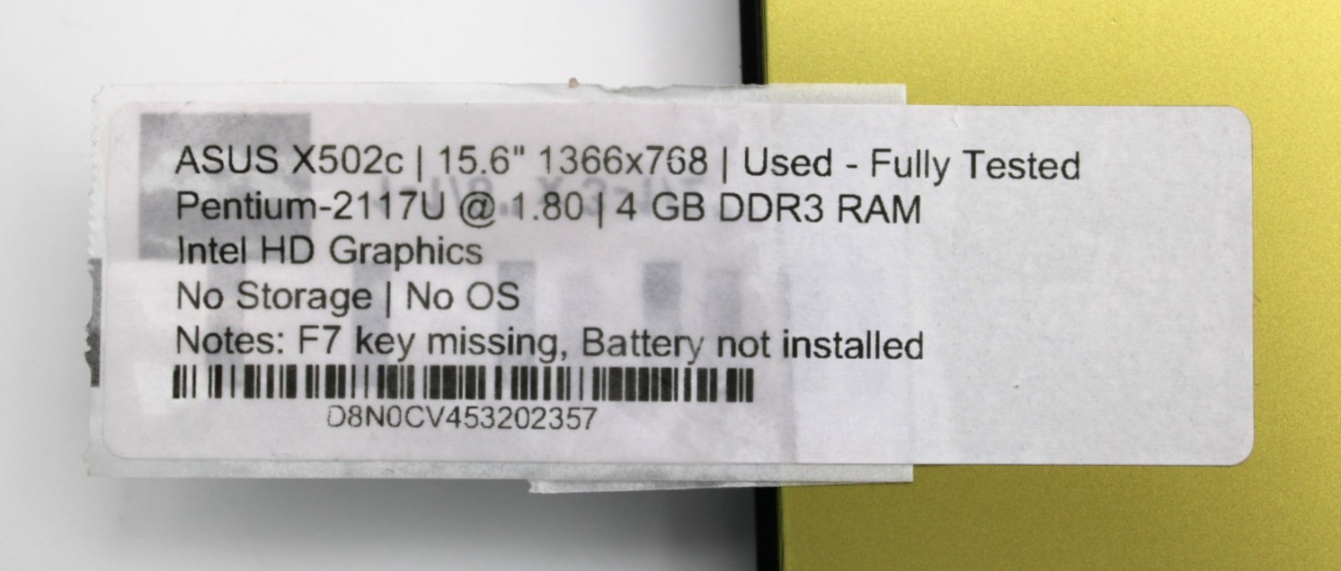 ASUS X502c Pentium-2117U@1.8GHz 4GB DDR3 NO STORAGE/OS *USED/TESTED*