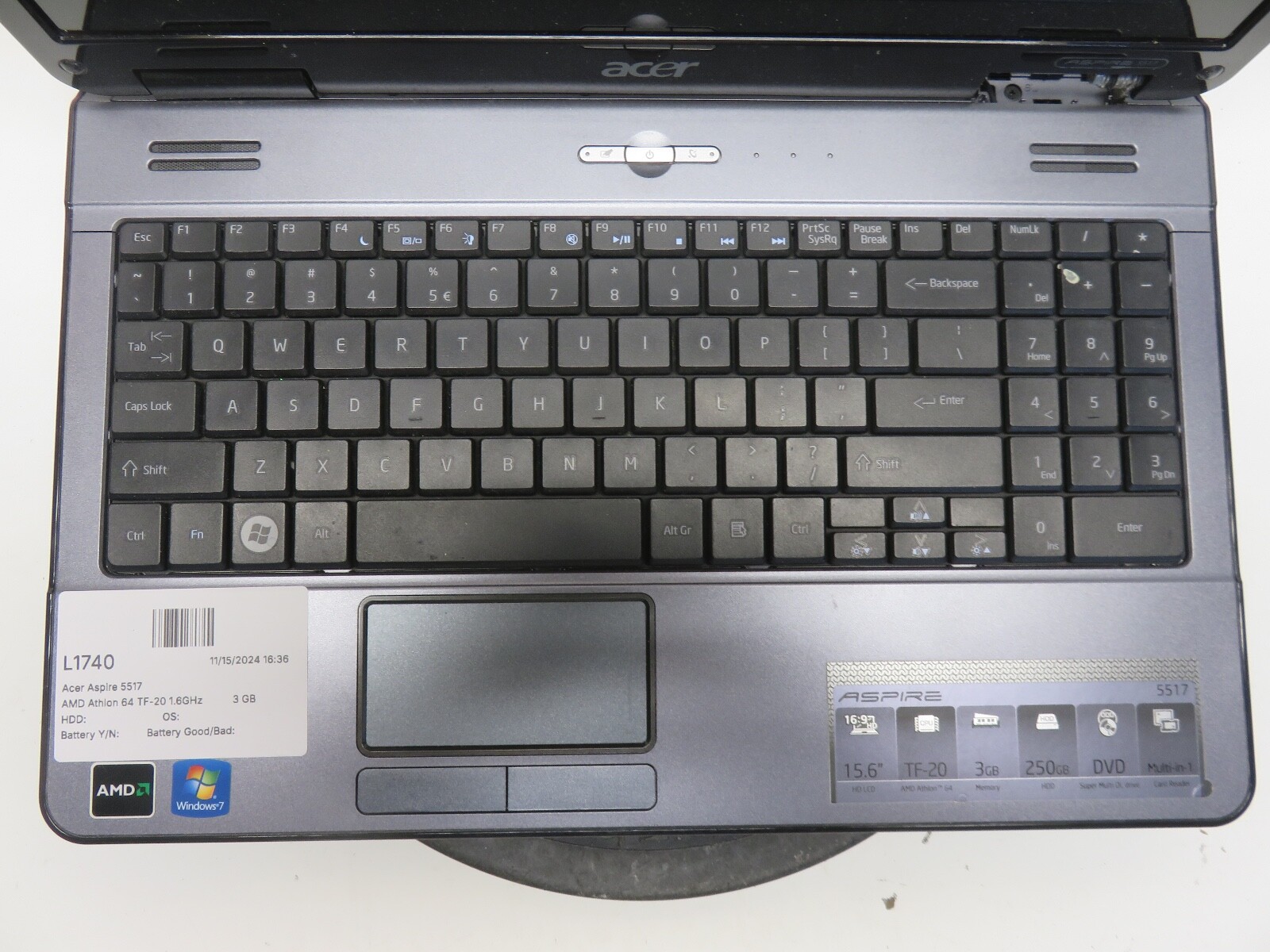 Acer Aspire 5517 AMD Athlon 64 TF-20 1.6GHz 3 GB NO HDD No Batt – FOR PARTS