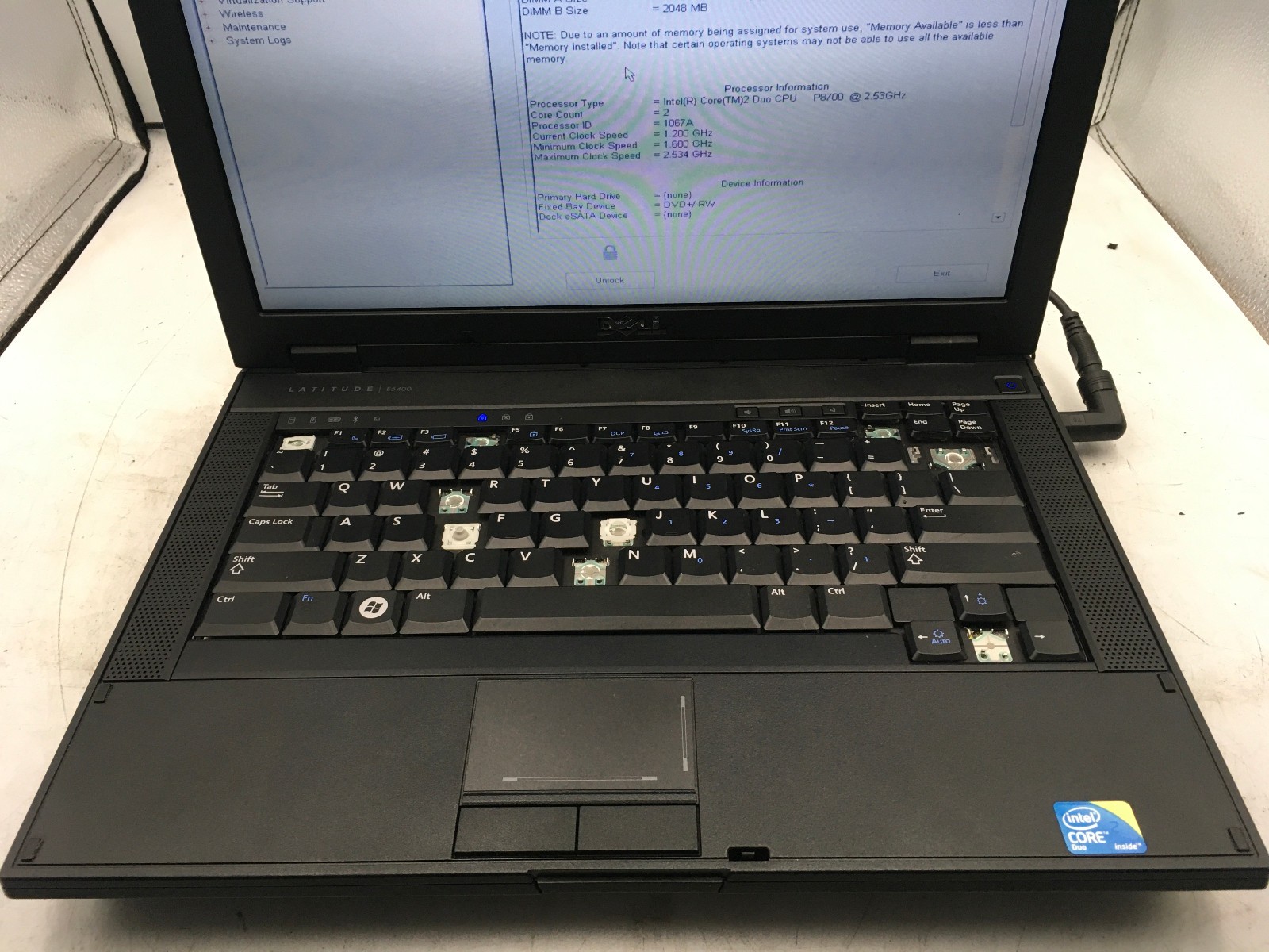 DELL LATITUDE E5400 – BOOTS TO BIOS/LOCKED – INTEL CORE 2 DUO P8700 – NO RAM -BB