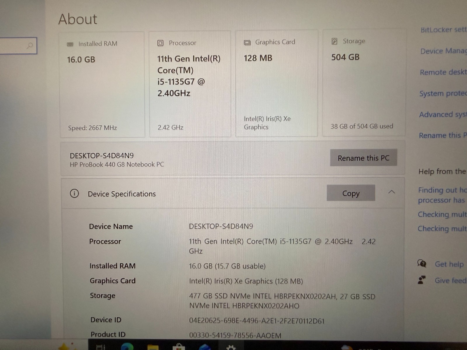 HP PROBOOK 440 G8 LAPTOP I5-1135G7 2.40GHZ 16GB RAM 512GB HARD DRIVE NO AC